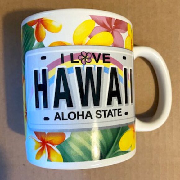 I Love Hawaii Aloha State Souvenir Coffee Cup Mug by Plumeria License Plate ABC - Picture 1 of 5